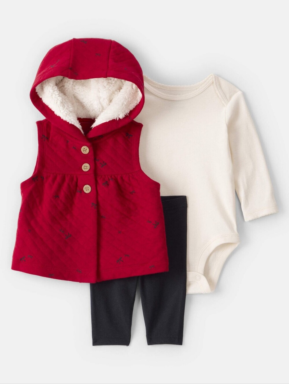 Carter's Red Quilted Hooded Vest Set with Cream Bodysuit and Black Leggings New